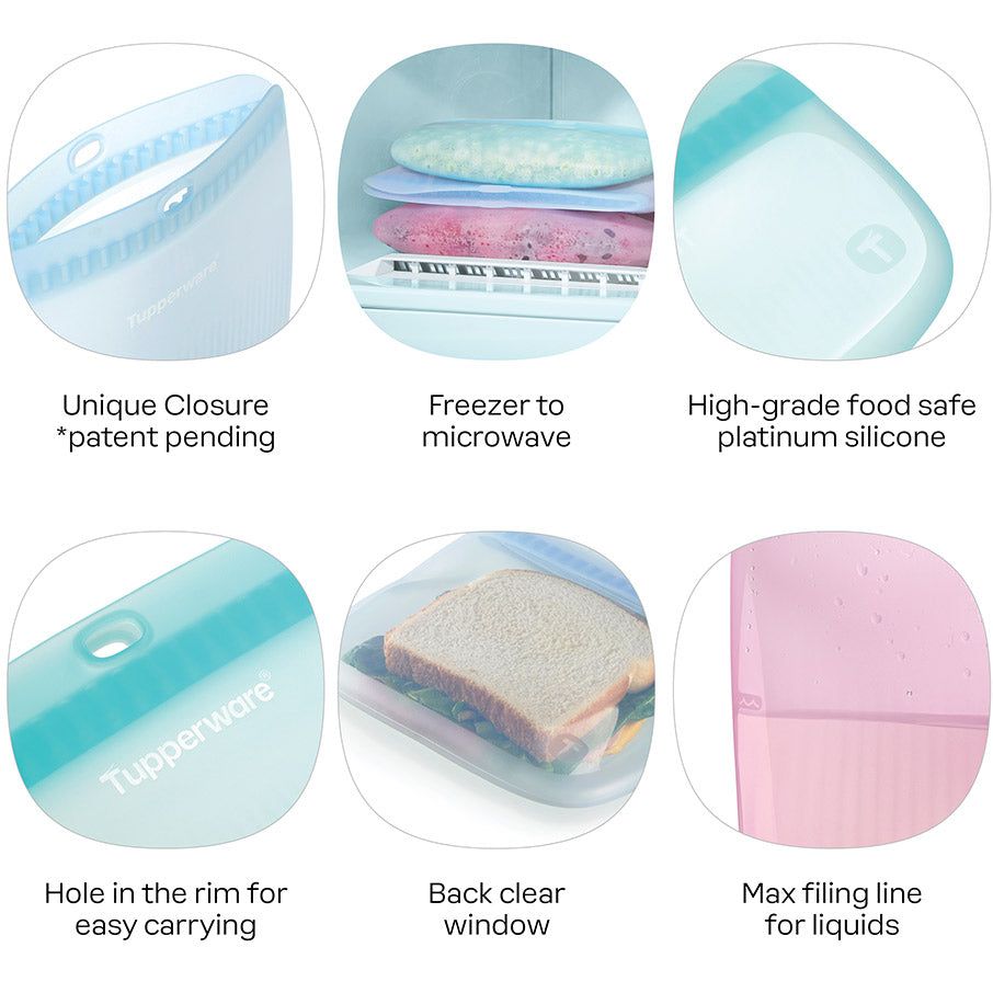 Tupperware The Ultimate Silicone Slim Bag Set Turquoise / White Freezer Storage | PDLCI5746